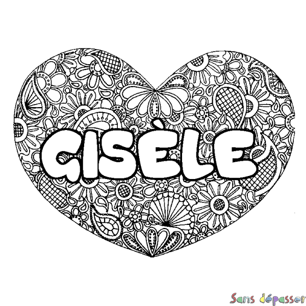 Coloriage pr&eacute;nom GIS&Egrave;LE - d&eacute;cor Mandala coeur