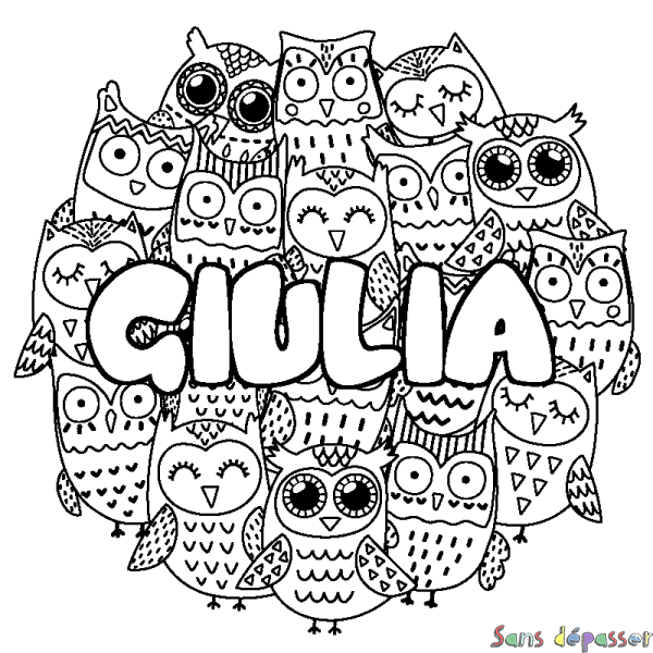 Coloriage pr&eacute;nom GIULIA - d&eacute;cor Chouettes