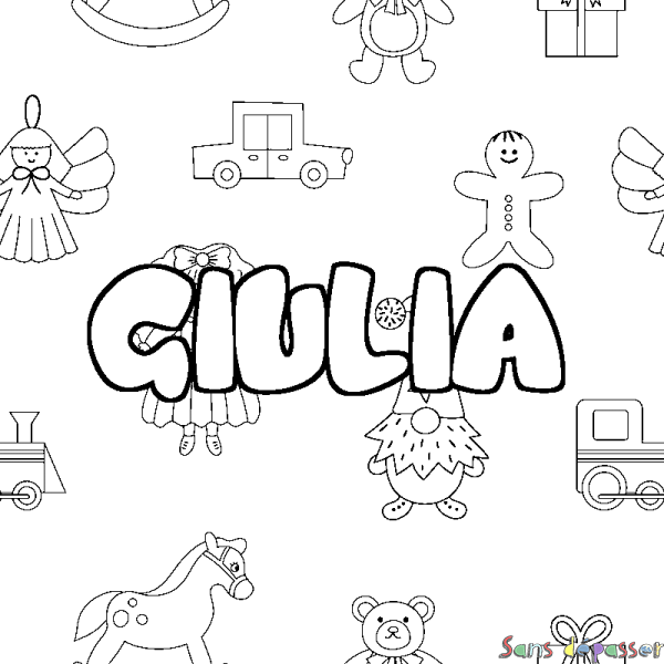Coloriage pr&eacute;nom GIULIA - d&eacute;cor Jouets