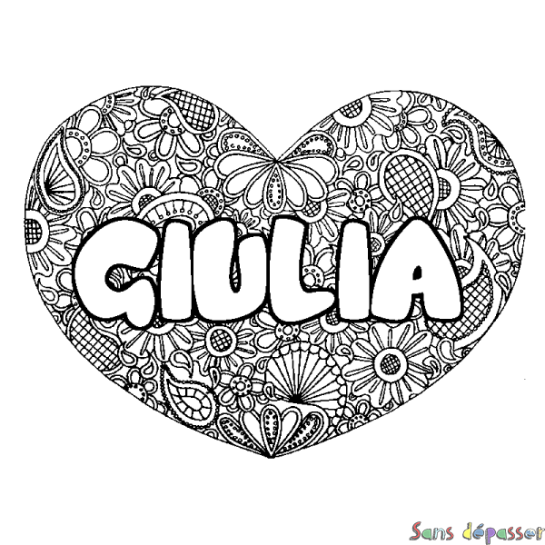 Coloriage prénom GIULIA - d&eacute;cor Mandala coeur