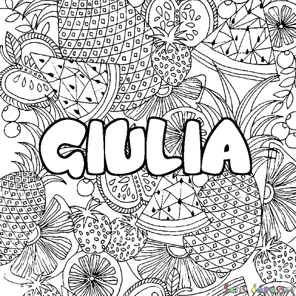 Coloriage pr&eacute;nom GIULIA - d&eacute;cor Mandala fruits