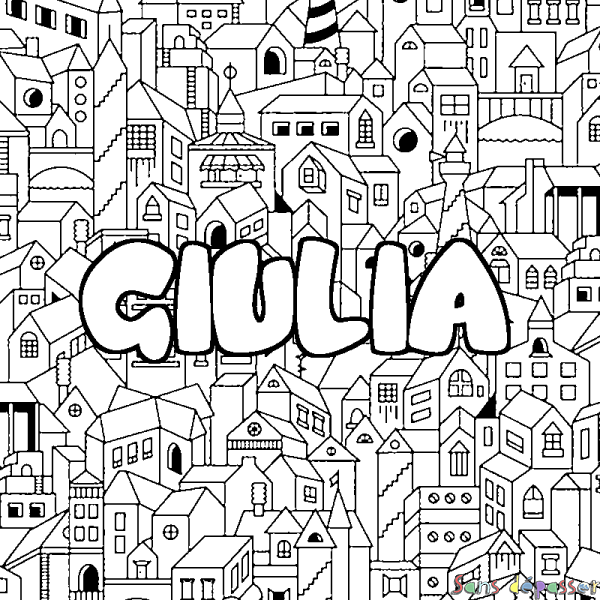 Coloriage pr&eacute;nom GIULIA - d&eacute;cor Ville