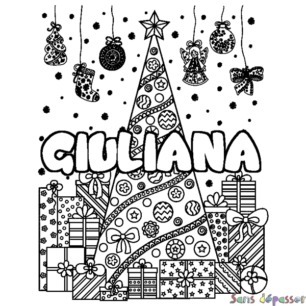 Coloriage pr&eacute;nom GIULIANA - d&eacute;cor Sapin et Cadeaux
