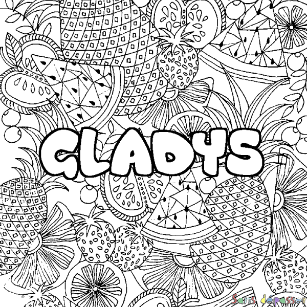 Coloriage pr&eacute;nom GLADYS - d&eacute;cor Mandala fruits