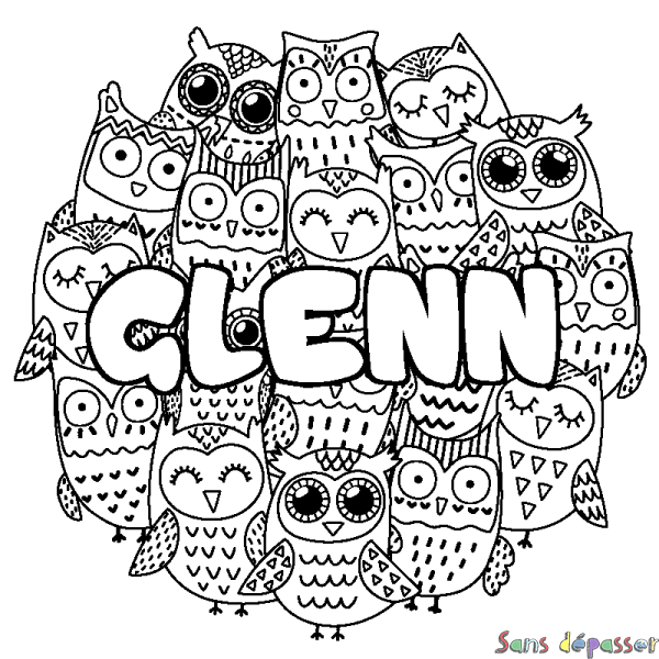Coloriage pr&eacute;nom GLENN - d&eacute;cor Chouettes