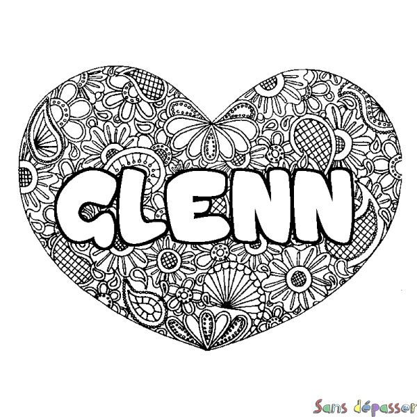 Coloriage pr&eacute;nom GLENN - d&eacute;cor Mandala coeur