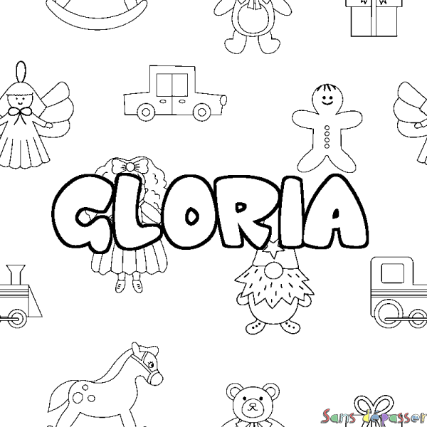 Coloriage pr&eacute;nom GLORIA - d&eacute;cor Jouets