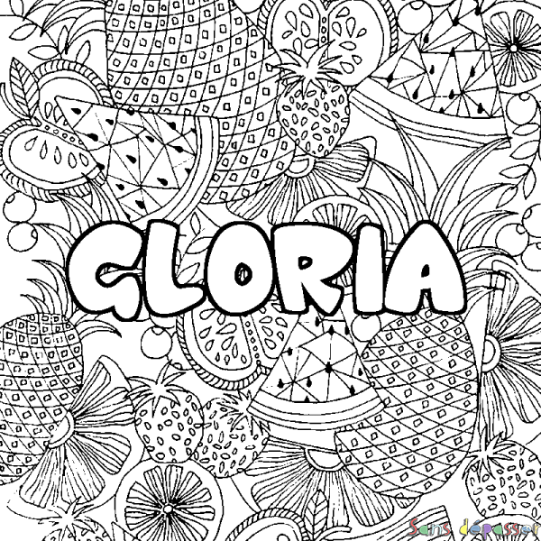 Coloriage pr&eacute;nom GLORIA - d&eacute;cor Mandala fruits