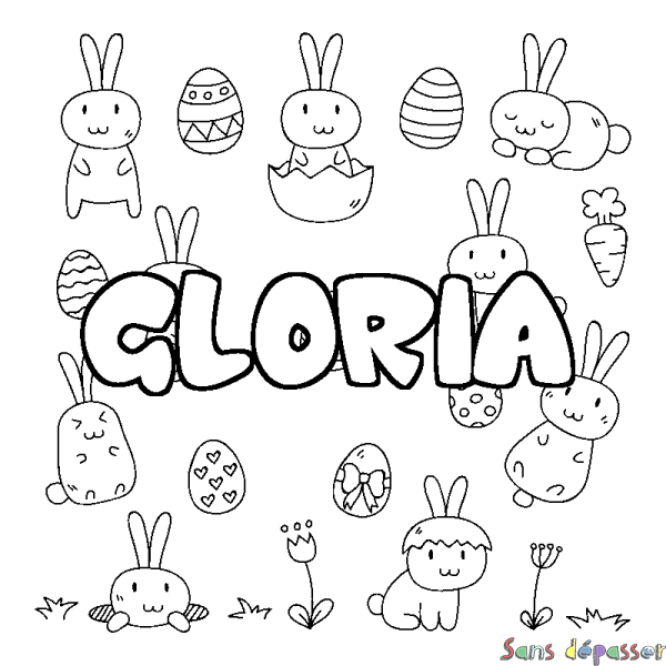 Coloriage pr&eacute;nom GLORIA - d&eacute;cor Paques