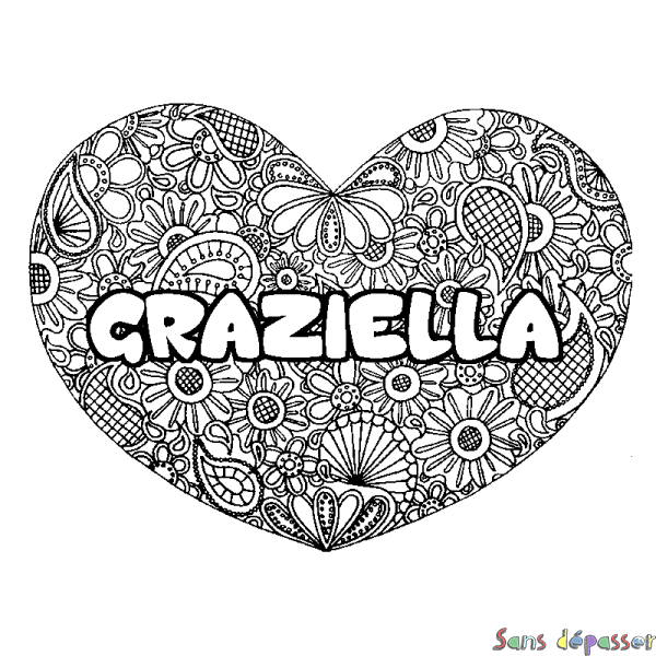 Coloriage pr&eacute;nom GRAZIELLA - d&eacute;cor Mandala coeur