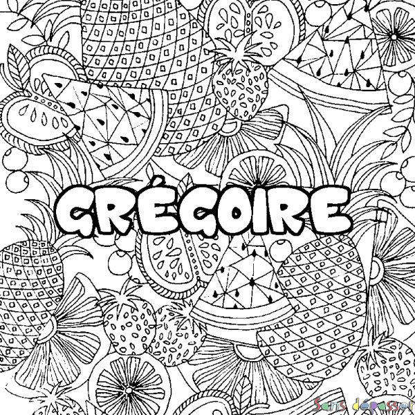 Coloriage prénom GR&Eacute;GOIRE - d&eacute;cor Mandala fruits