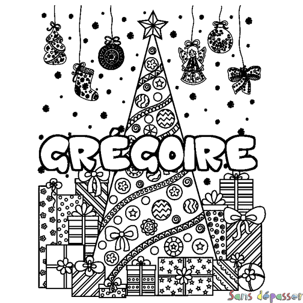 Coloriage prénom GR&Eacute;GOIRE - d&eacute;cor Sapin et Cadeaux