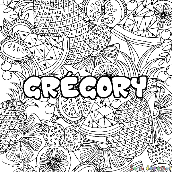 Coloriage pr&eacute;nom GR&Eacute;GORY - d&eacute;cor Mandala fruits