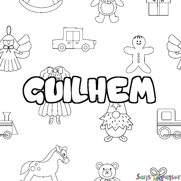 Coloriage pr&eacute;nom GUILHEM - d&eacute;cor Jouets
