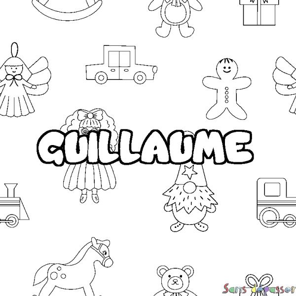 Coloriage pr&eacute;nom GUILLAUME - d&eacute;cor Jouets