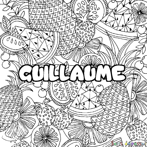 Coloriage pr&eacute;nom GUILLAUME - d&eacute;cor Mandala fruits