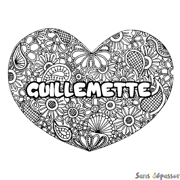 Coloriage prénom GUILLEMETTE - d&eacute;cor Mandala coeur