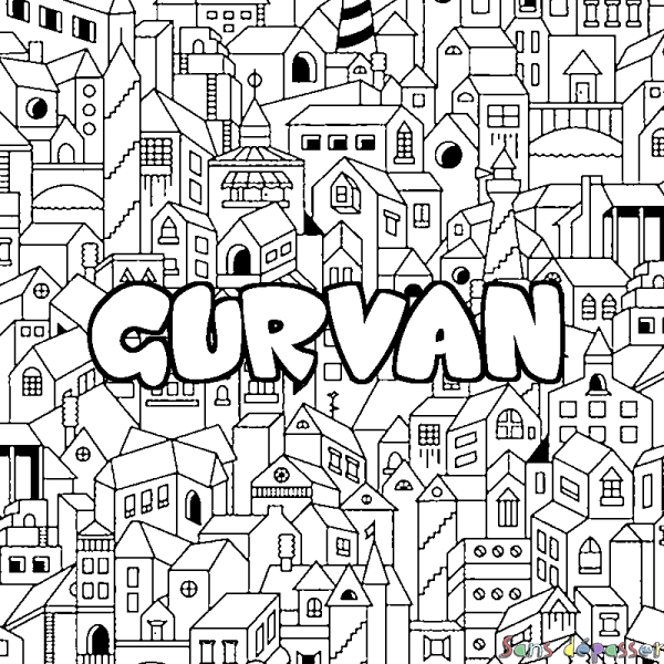 Coloriage pr&eacute;nom GURVAN - d&eacute;cor Ville