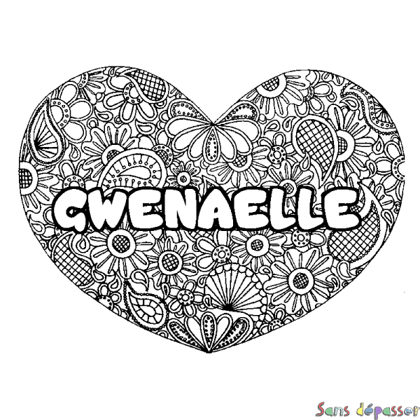 Coloriage prénom GWENAELLE - d&eacute;cor Mandala coeur