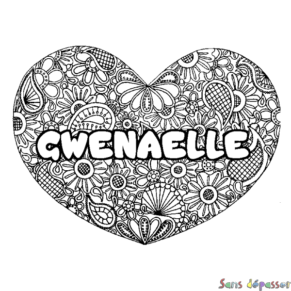 Coloriage pr&eacute;nom GWENAELLE - d&eacute;cor Mandala coeur