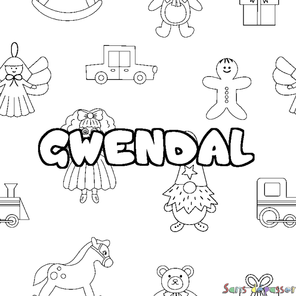 Coloriage pr&eacute;nom GWENDAL - d&eacute;cor Jouets