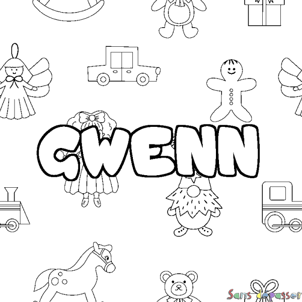 Coloriage pr&eacute;nom GWENN - d&eacute;cor Jouets