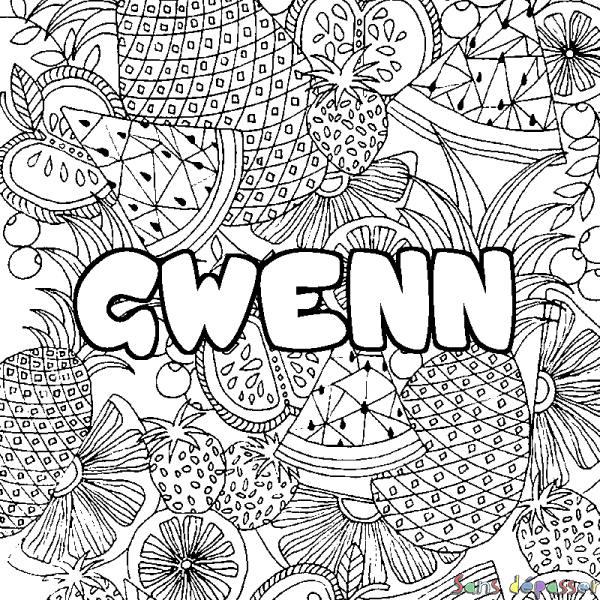 Coloriage pr&eacute;nom GWENN - d&eacute;cor Mandala fruits