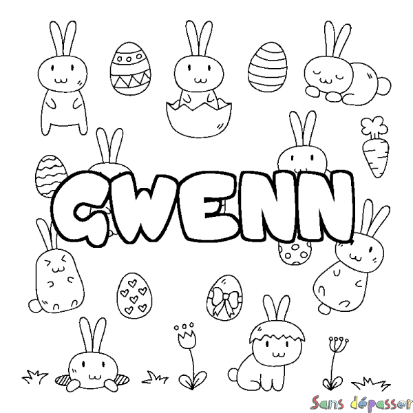 Coloriage pr&eacute;nom GWENN - d&eacute;cor Paques