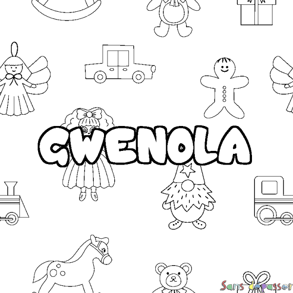 Coloriage pr&eacute;nom GWENOLA - d&eacute;cor Jouets