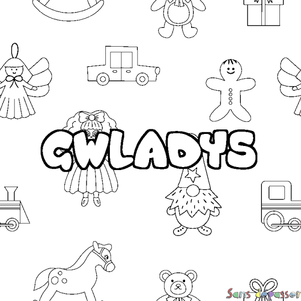 Coloriage pr&eacute;nom GWLADYS - d&eacute;cor Jouets