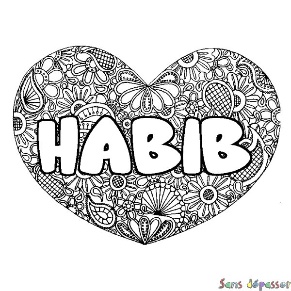 Coloriage prénom HABIB - d&eacute;cor Mandala coeur