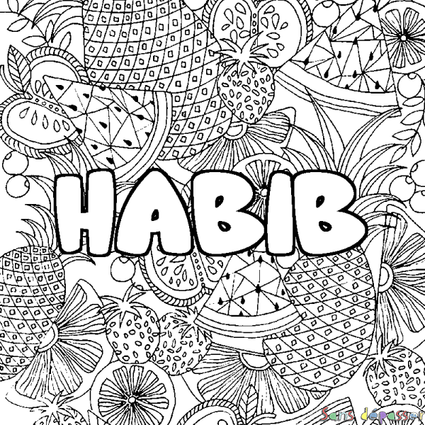 Coloriage prénom HABIB - d&eacute;cor Mandala fruits