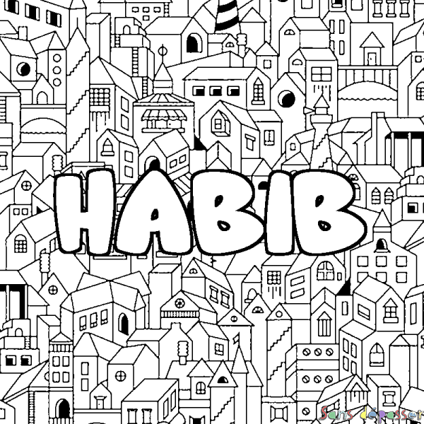 Coloriage pr&eacute;nom HABIB - d&eacute;cor Ville