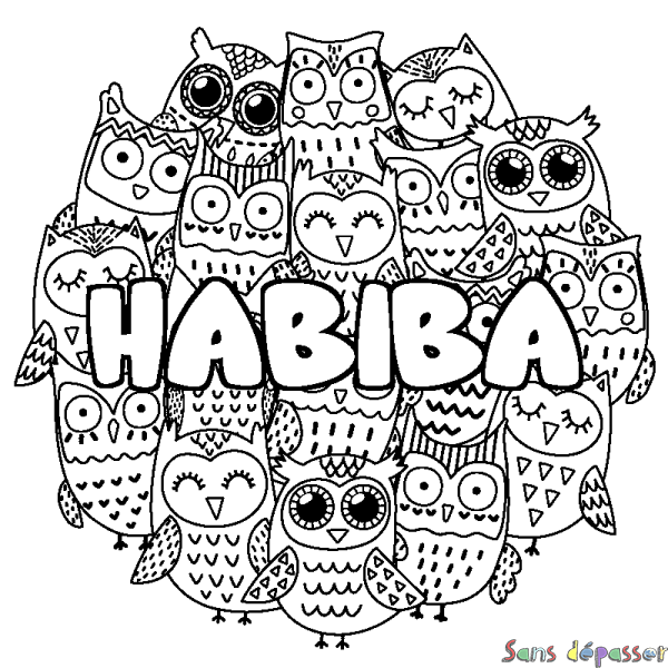 Coloriage prénom HABIBA - d&eacute;cor Chouettes