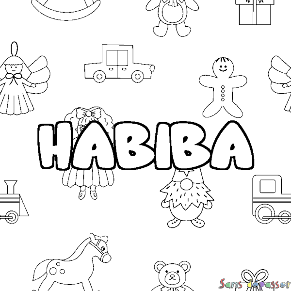 Coloriage pr&eacute;nom HABIBA - d&eacute;cor Jouets