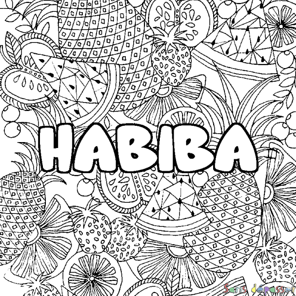 Coloriage prénom HABIBA - d&eacute;cor Mandala fruits