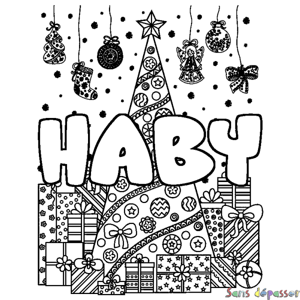 Coloriage prénom HABY - d&eacute;cor Sapin et Cadeaux