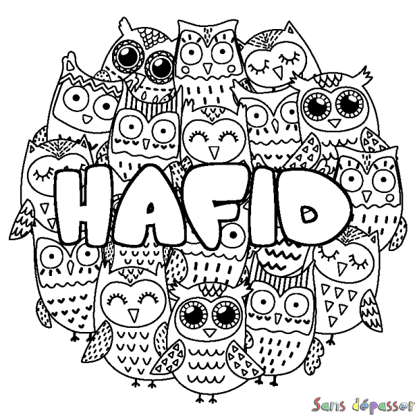 Coloriage pr&eacute;nom HAFID - d&eacute;cor Chouettes