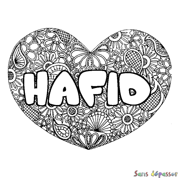 Coloriage pr&eacute;nom HAFID - d&eacute;cor Mandala coeur