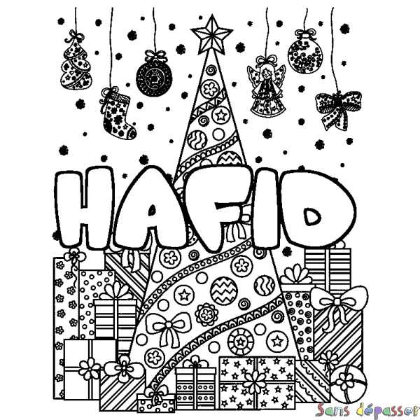 Coloriage prénom HAFID - d&eacute;cor Sapin et Cadeaux