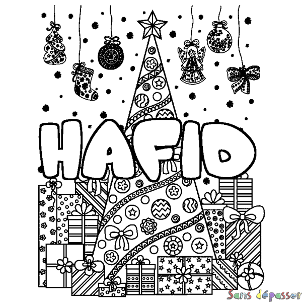 Coloriage pr&eacute;nom HAFID - d&eacute;cor Sapin et Cadeaux