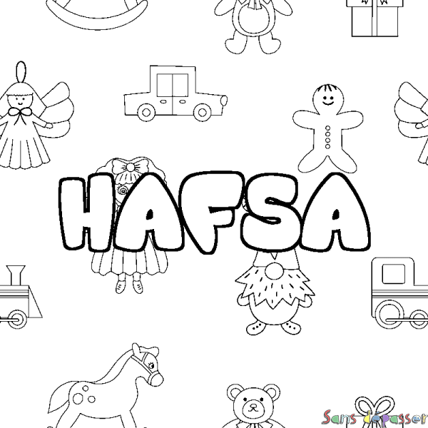 Coloriage pr&eacute;nom HAFSA - d&eacute;cor Jouets