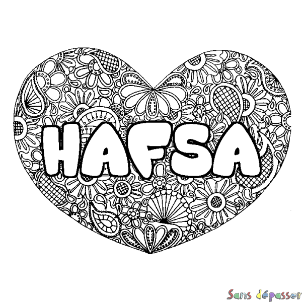 Coloriage prénom HAFSA - d&eacute;cor Mandala coeur