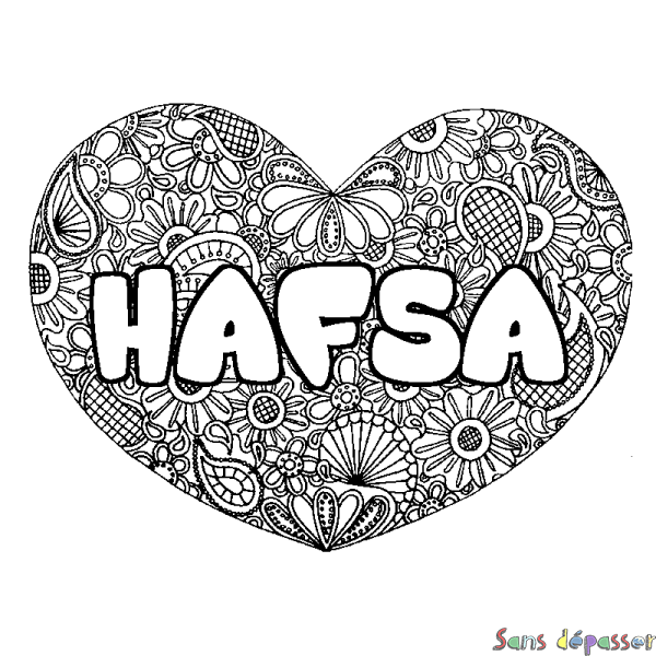 Coloriage pr&eacute;nom HAFSA - d&eacute;cor Mandala coeur