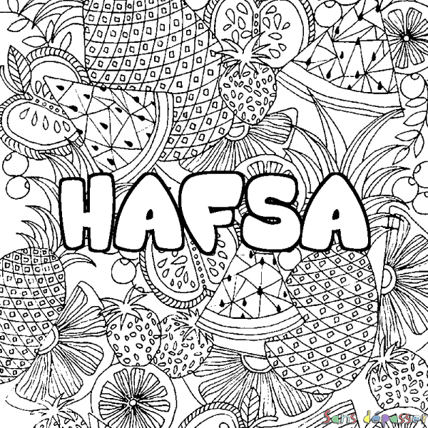 Coloriage pr&eacute;nom HAFSA - d&eacute;cor Mandala fruits