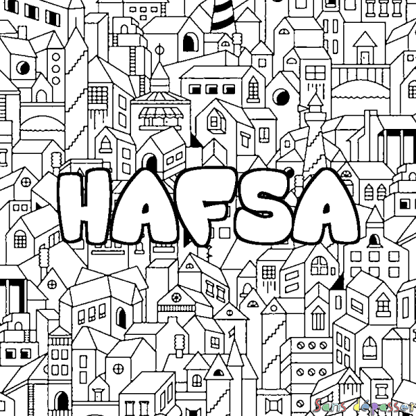 Coloriage pr&eacute;nom HAFSA - d&eacute;cor Ville