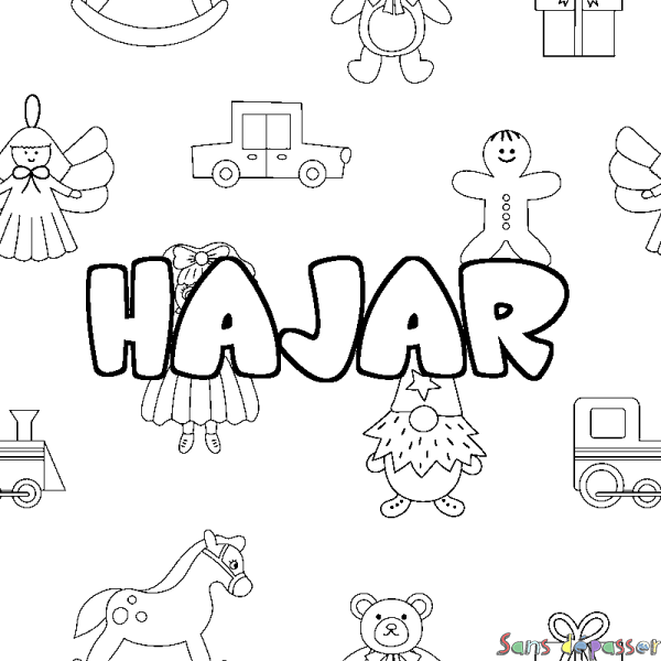 Coloriage pr&eacute;nom HAJAR - d&eacute;cor Jouets