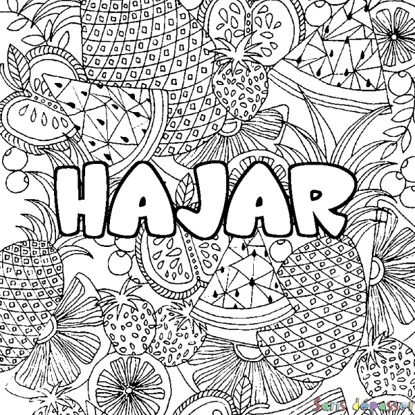 Coloriage prénom HAJAR - d&eacute;cor Mandala fruits