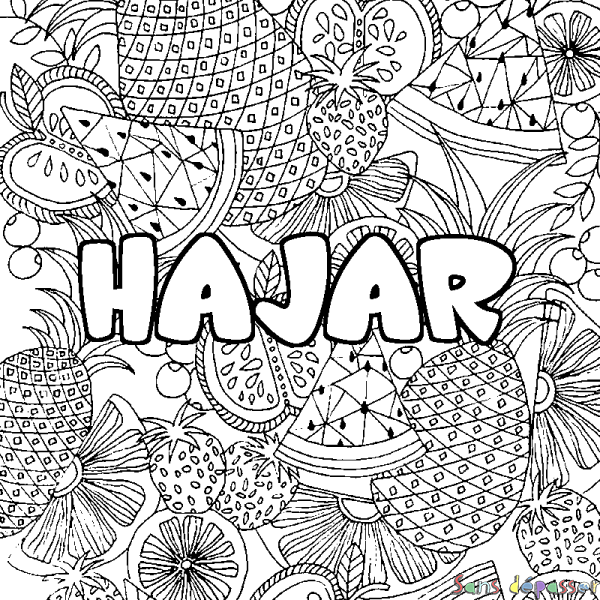 Coloriage pr&eacute;nom HAJAR - d&eacute;cor Mandala fruits