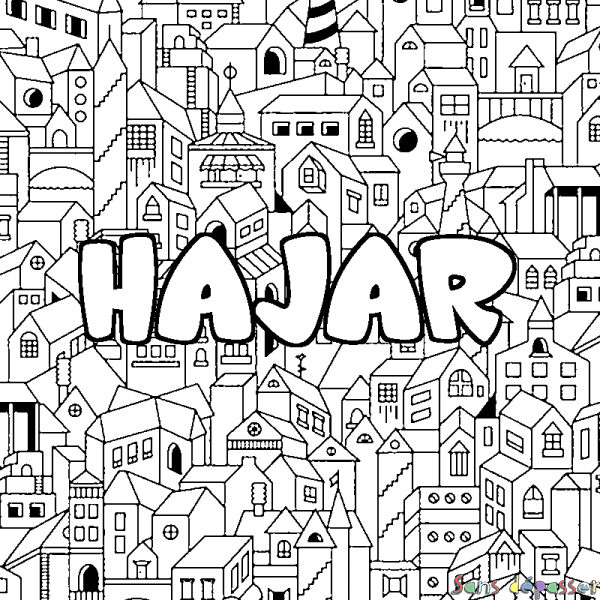 Coloriage prénom HAJAR - d&eacute;cor Ville